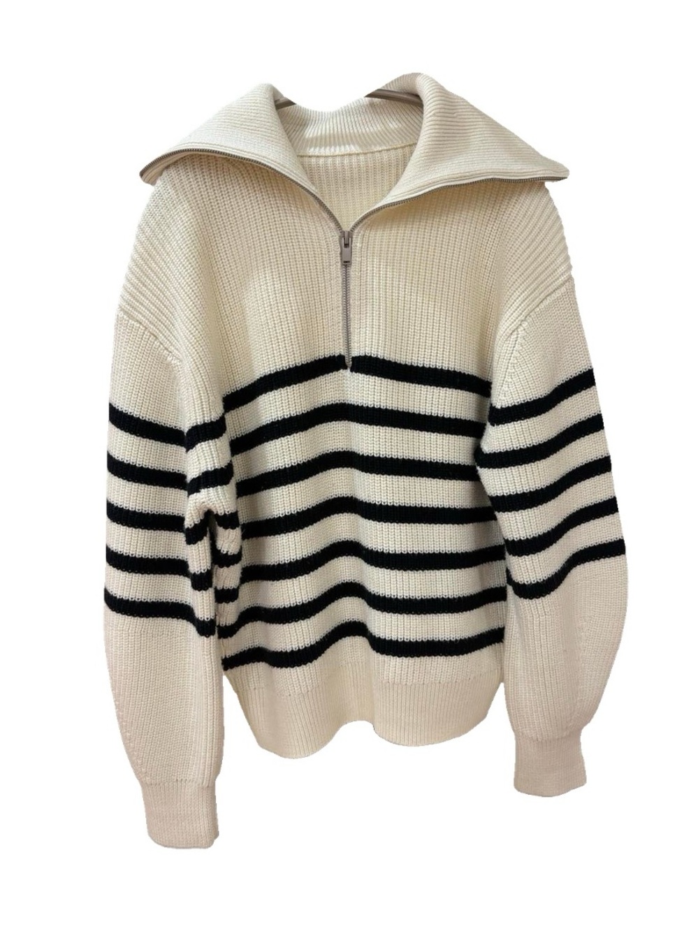 Striped Cream Zip-Front Turtleneck Sweater